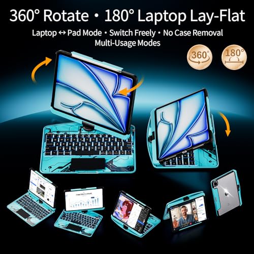 Image of Transparent Keyboard Case for iPad Air 11 inch (M3 2025 /M2 2024), Air 5th /4th Gen 10.9 inch & iPad Pro 11 inch (4th-1st) - Multi-Touch Trackpad, 360 Rotating Stand, 7-Color Backlit, Pencil Holder,Blue