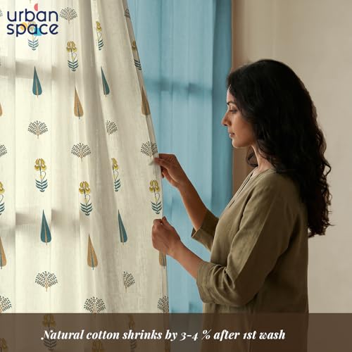 Image of Urban Space Printed 100% Cotton Curtains for Window, Combo Set of 3 Curtains 5 Feet, Tieback & Eyelets Included with Curtains for Home Decor (Orchard Dark Teal & Aura Dusty Blue, 5 Feet)