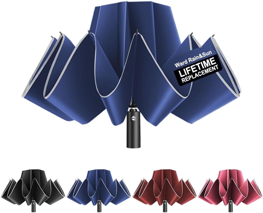 Ward Rain&Sun Windproof Inverted Travel Umbrella - 8 Rib Designs with Automatic Folding, Compact & Portable, Durable Reverse-Fold Rain Umbrella for Car & Backpack