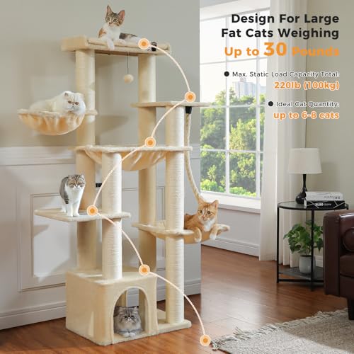 Image of MUTTROS Heavy Duty Cat Tree-67 Tall Cat Tower for Indoor Cats Large Adult with 7 Thick Sisal Scratching Posts (φ4.3), Multi-Level Condo, Big Perch & Hammocks for Maine Coon 20 lbs -Beige