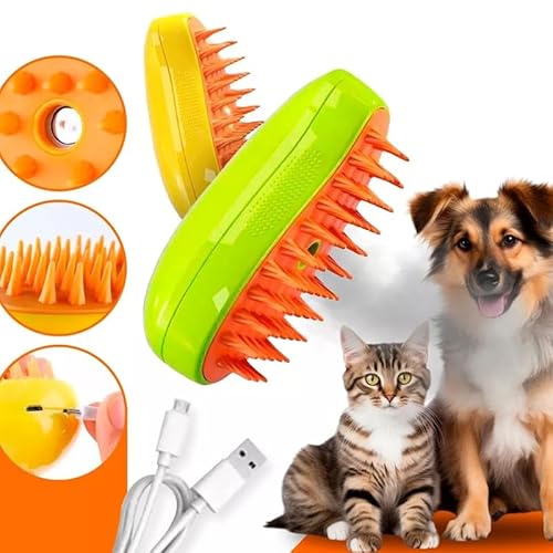 Escova Removedora Tira Pelos Cão e Gato Com Vaporização 3 em 1 - Banho a Seco, Pente Remoção de Pelo