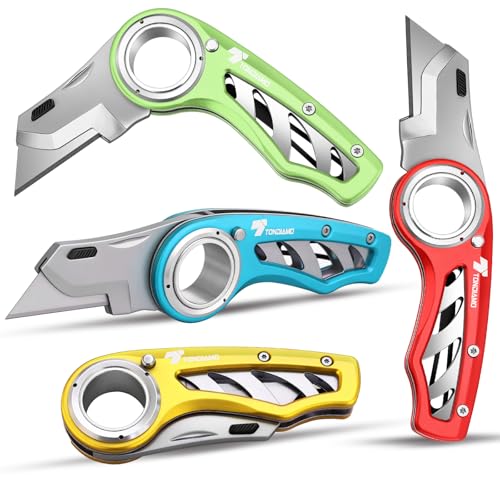 Image of Tondiamo 4 Pcs Folding Pocket Utility Knife Heavy Duty Box Cutter Folding Razor Knife with Anti Slip Finger Loop Easy Change Blades 3 Lock Positions Design (Yellow,Red,Green,Blue)
