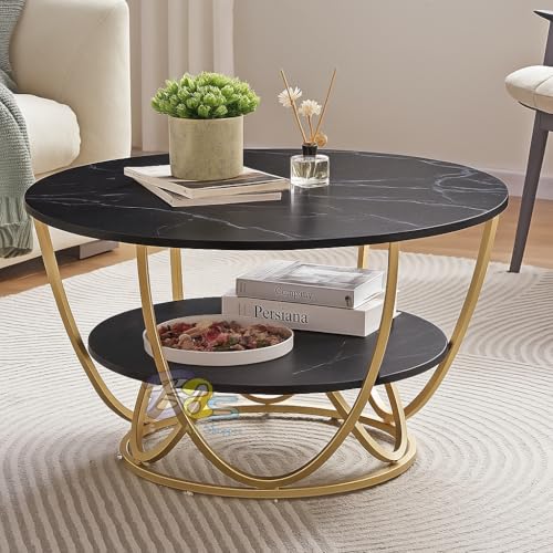 Image of Brown Art SHOPPEE Faux Marble Top Round 2 Tier Metal Coffee Tables Simple Living Room Table Sets, Sofa Center Table End Tables with Metal Frame Home Decor for Living Room (Gold & Black)