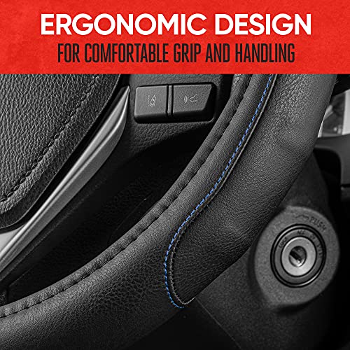 Image of Motor Trend GripDrive Faux Black Leather Steering Wheel Cover for Car Truck Van SUV, Standard 15 inch Size, Blue Accent Stitched Car Steering Wheel Cover Vehicle & Auto Accessories