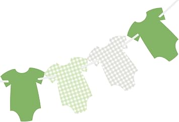 ALISSAR Pre-Strung Green Gingham Bodysuit Baby Shower Banner-9 Double-Sided Onesie Cards-Sage Green Baby Shower Bunting, Baby Boy Girl Party Decoration