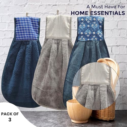 Image of Hanging Hand Towel Set | Wash Basin Napkin with Loop | Kitchen Sink Towel | Pack of 3 (Navy, Brown, Blue) | Soft & Absorbent Cotton Kitchen & Bathroom Hand Towels