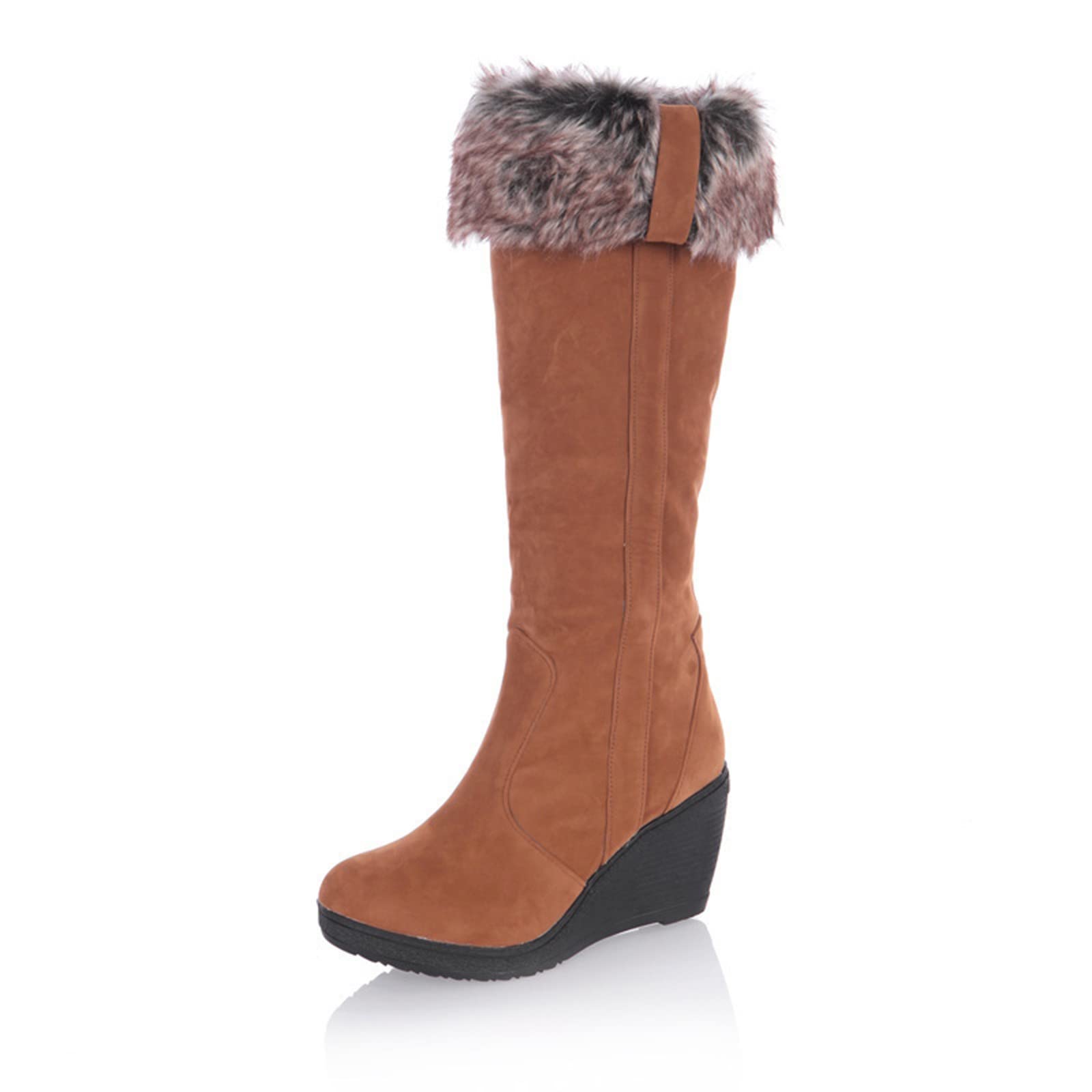 Damskie buty na koturnie do kolan, beżowe zamsz, wysokie buty zimowe z kołnierzem Multi Wear średni obcas wysoki wypoczynek pluszowe ciepłe buty damskie rozmiar 5