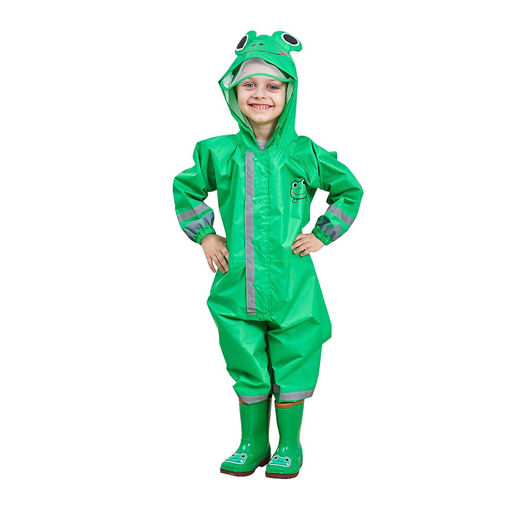 YOUDirect Kids Raincoat Girl Boy Cartoon Rain Wear Waterproof Poncho One Piece Rain Suit With Transparent Hood and Reflective Strip (S, Green)