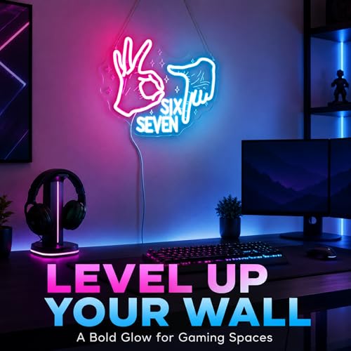 Image of 67 Neon Sign for Bedroom - Six Seven 6 7 Meme LED Wall Light | Pink Hand Gesture & Ice Blue Numbers, USB Dimmable, 13.8 inchx11.2 inch, TikTok Viral Room Decor, Gen Alpha Teens