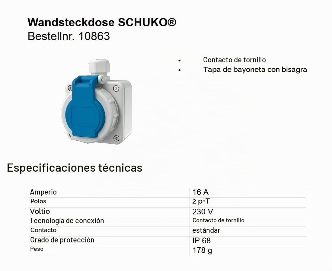 Mennekes 101700017 Bases Schuko. 16 A / 230 V, Tomas de Corriente, IP 68 Grado de Protección, Azul