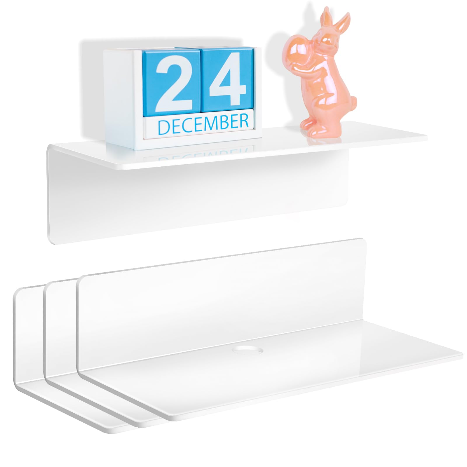 Floating Shelves for Wall, Stick On White Shelves, No Drill Self Adhesive Acrylic Wall Mounted Shelves for Display in Living Room, Bedroom, Bathroom, Kids’ Room, Office, Caravan, Set of 4 (23 × 10 cm)