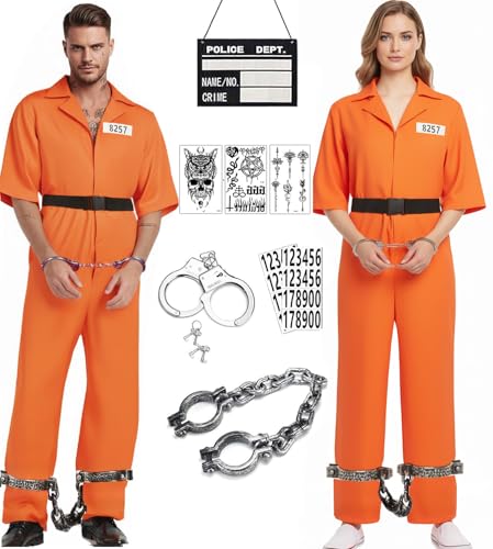 Prisoner Costume for Men Women Orange Prison Jumpsuit Inmate Costume Halloween Jail Criminal Outfit and Accessories (X-Large)