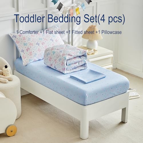 Image of JHXHMX Butterfly Toddler Bedding Set for Girls,4 Pieces Bed-in-a-Bag Toddler Bed Set,Soft Crib Comforter Sheet Set Including Comforter,Fitted Sheet,Flat Sheet and Pillowcase-White
