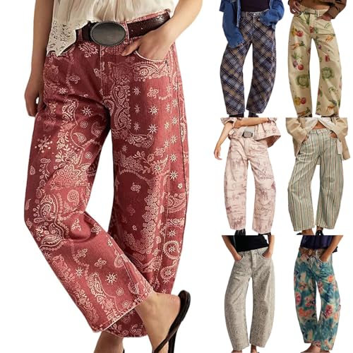 Wide Leg Jeans for Women,Women's Baggy Boyfriend Barrel Jeans Y2K Floral Print Mid Rise Wide Leg Denim Ankle Pants Patchwork Rose Red M