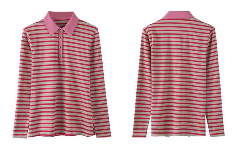 REHJJDFD Femmes Manches Longues Rayé Coton Polo Stretch Slim Tricoté Taille Shirt Top