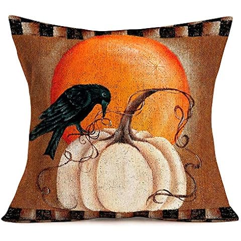 Asminifor Halloween Pillow Covers Cotton Linen Burlap Black Buffalo Plaids with Pumpkin Crow Decoration Throw Pillowslip Cushion Covers 18 x 18 Inch Home Sofa Bed Couch Pillowcase (H-Crow) Cover
