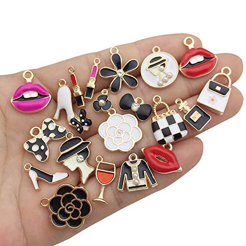 WOCRAFT 50pcs Gold Plated Enamel Women Makeup Lip Lipstick Perfume Purse High Heels Bow Charms Pendant for Jewelry Making Necklace Bracelet Earring DIY Jewelry Charms (M432) - Thumbnail 2