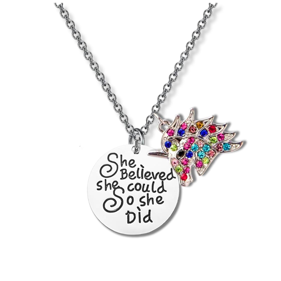 Unicorn Charm Necklace, Unicorn She Believed She Could So She Did Jewelry, for Her, 17.5 inches, Zinc Alloy