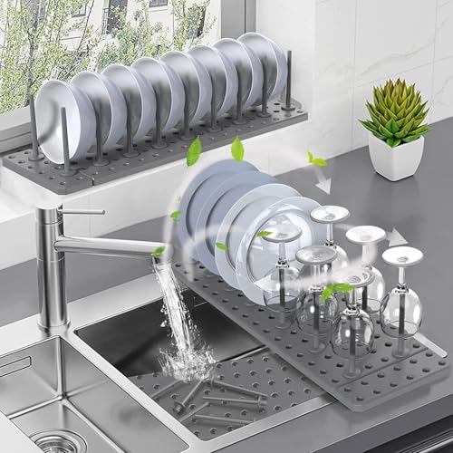 Image of Pegboard Kitchen Drawer Organizer Utensil Tray Divider for Bowls, Plates & Cutlery Storage, Expandable Drawer Organizer for Kitchen Cabinet & Dish Drying Rack