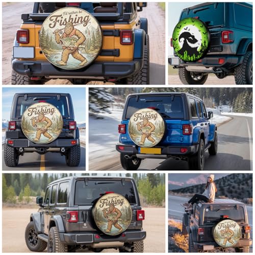 Image of GENANY Fishing and Sasquatch Father's Day PVC Spare Tire Cover for RV Trailer, Waterproof, Size 17 Fits 31-33 Inch
