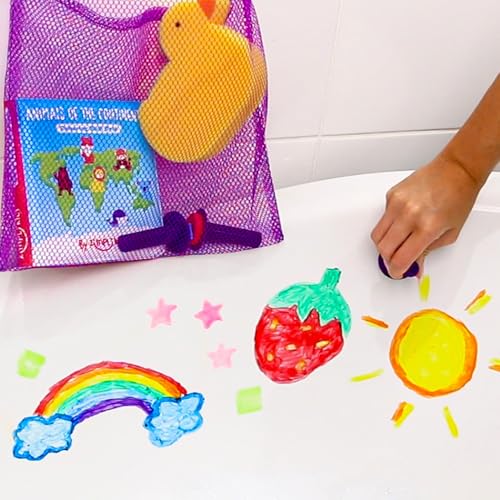 ZIMPLI - Set Attività Baff Paints, 10 Bastoncini di Pittura Lavabili per il Bagno, Libro da Colorare per il Bagno, Spugna a Forma di Anatra, 5 Timbri Divertenti con Forme & Sacca di Rete per Riporre