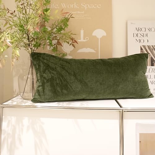 JoraLion Chenille Lumbar Pillow Covers 14x36 inch Moss Green Spring Decorative Pillow Covers Farmhouse Solid Dyed Soft Chenille Cushion Case for Couch Sofa Bed Living Room Pack of 1(Cover ONLY)