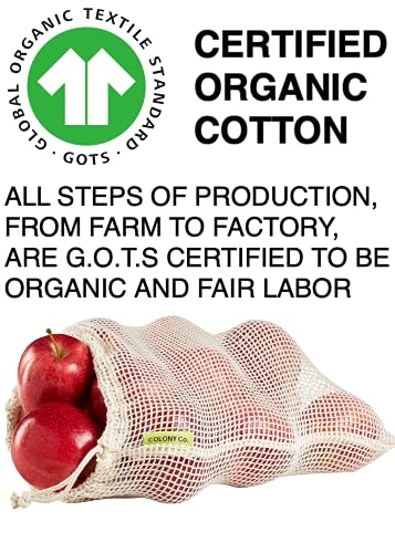 Colony Co Reusable Produce Bags, 6-Pack - Assorted Sizes, Organic Cotton Mesh, Machine Washable, Tare Weight Label, Double Drawstring Closure, Plastic-Free Recyclable Packaging, Made #TOP1