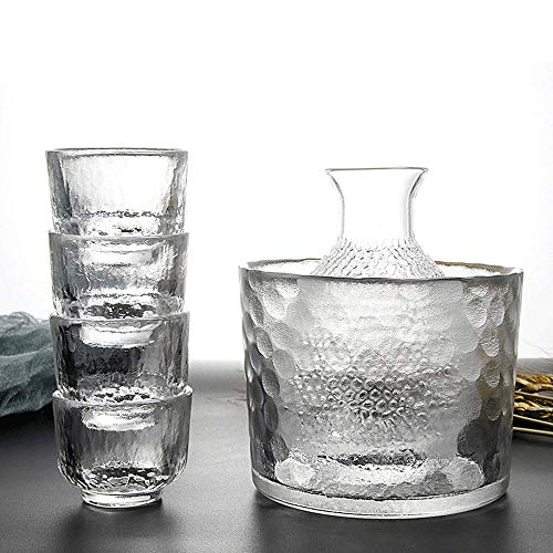 WINAKUI Glass Sake Sets with Warmer, Japanese-style Sake Pot Decanter with 4 Sake Cups, Cold/Warm/Hot Sake Carafe, 1 Sake Bottle, 1 Sake Tank and 4 Sake Cups