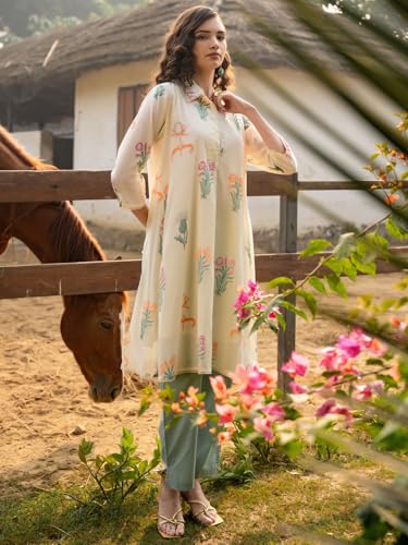 Image of INDO ERA Women's Kurta Set | Pure Cotton Printed A-Line Kurta with Pant | Ethnic Wear for Women | Indian Casual Office Daily