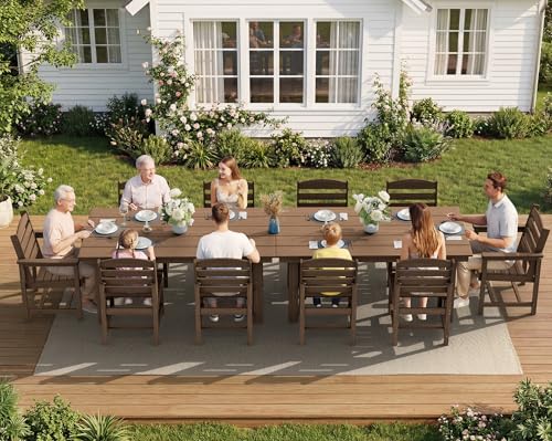 Image of SERWALL Patio Dining Sets for 10 Person, HDPE Dining Set with 2 Tables, 8 Armless Chairs and 2 Armed Dining Chairs, Brown