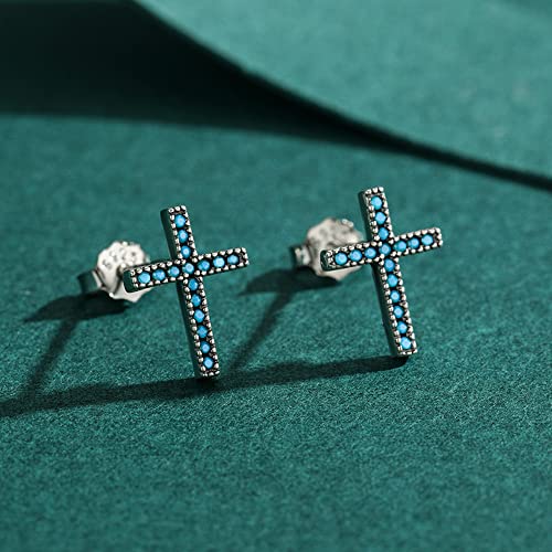 Turquoise Cross Tiny Stud Earrings 925 Sterling Silver Blue Stone CZ Cartilage Tragus Earring Sleeper Statement Stud Faith Ear Piercing Jewelry Gifts for Women3