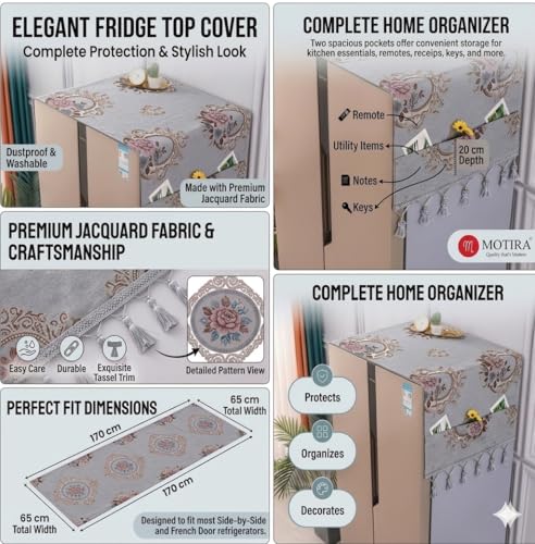 Image of Fridge Top Cover by Motira - Double Door & French Door Protector, Floral Embroidery with 6 Pockets 65 x 170 CM (Grey).