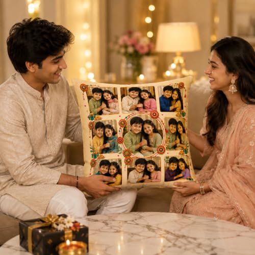 Image of Personalized Photo Pillow 12x12 Inch Cushion with Cover & Filler - Custom Gift for Birthday, Anniversary, Couple, Girlfriend, Boyfriend, Husband, Wife, Friends. (Rakshabandhan)