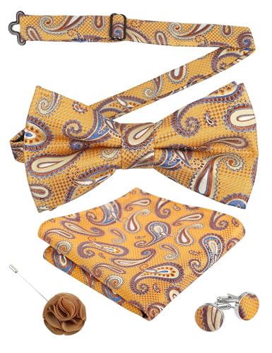 Image of Alizeal Mens 4pcs Vintage Paisley Bow Tie Set | Pre-tied Pocket Square Cufflinks Boutonniere for Wedding Everyday Use