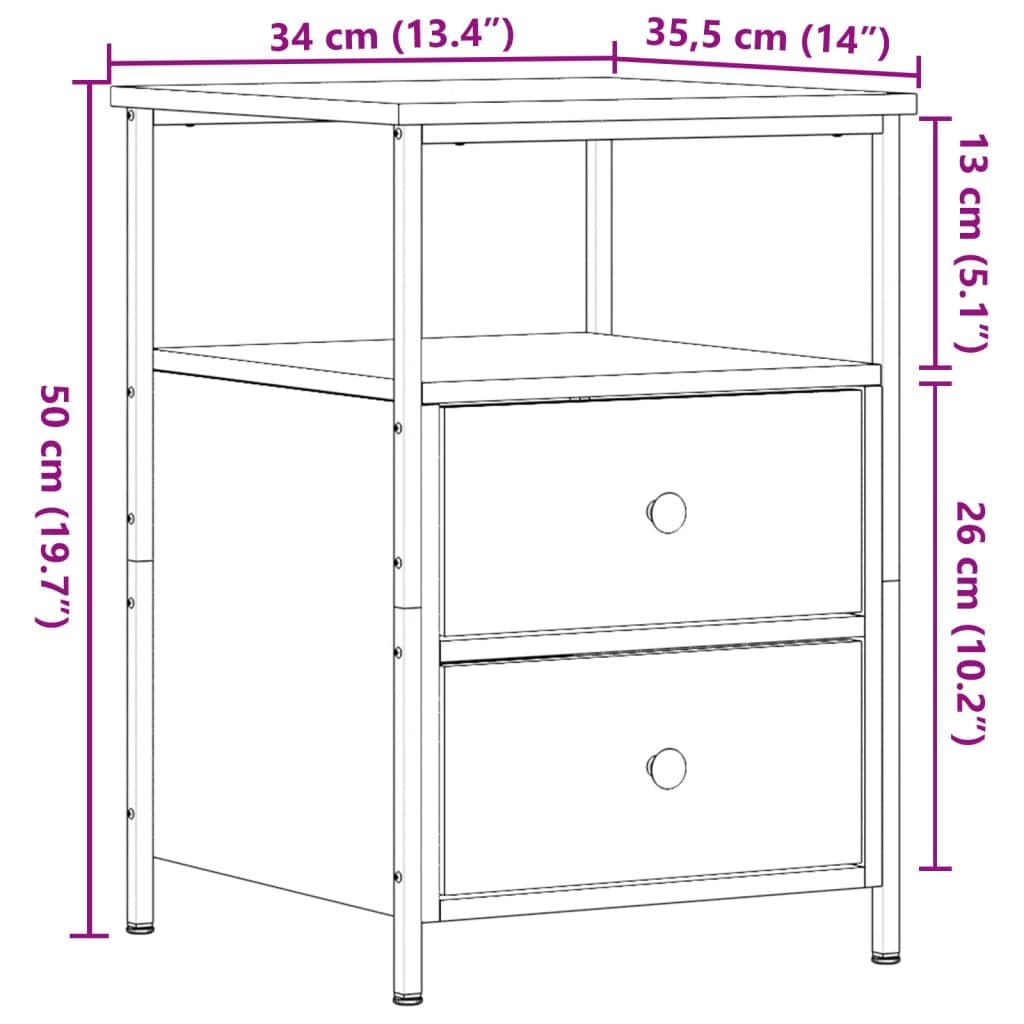 Comodini legno antico 2 pezzi 34x35,5x50 cm in legno multistrato con 2 cassetti e scomparto, gambe metallo stabili, mobiletto salvaspazio per camera da letto soggiorno ingresso