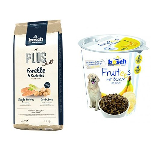 Bosch Forelle und Kartoffel, 12.5 kg/Bosch Snack Fruitees Banane, 4er Pack (4 x 200g)