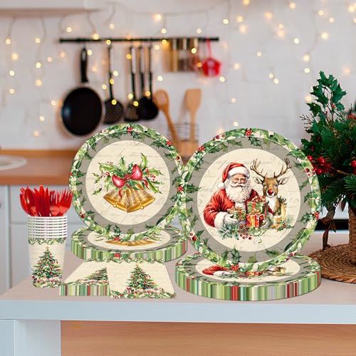 140 Pcs Christmas Party Supplies Set, Disposable Dinnerware Set for 20 Guests Includes 7 & 9 Inch Santa & Reindeer Paper Plates, Napkins, Cups, Forks, Spoons, Knives for Holiday Tableware – Image 8