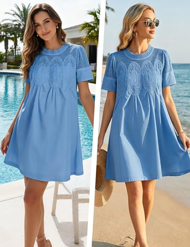 Image of Shiyifa Womens Babydoll Lace Patchwork Dresses Summer Short Sleeve Ruffle Sundress Loose Crew Neck A-Line Dresses