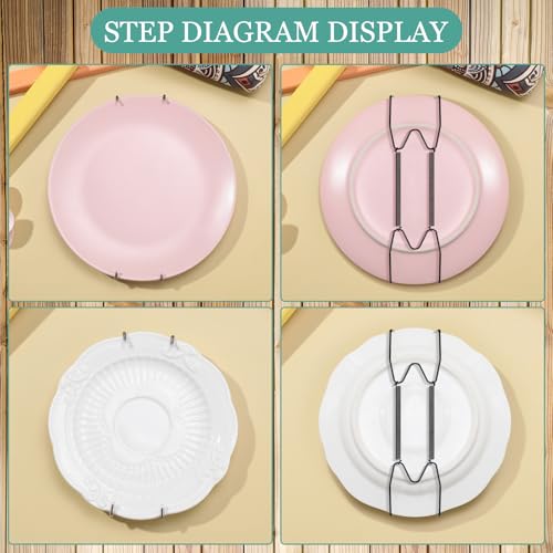 Image of Hotop 12 Pieces Plate Hangers for Wall Stainless Steel Wire Invisible Heavy Duty Plate Hangers Display Holders with 12 Pieces Hooks for Wall Decorative(6 /8 /10 Inch,Black)