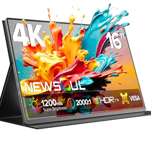 Newsoul Monitor Portátil 16 Pulgadas 4K UHD 1200 nits HDR, Panel IPS 3840x2400, Contraste 2000:1, 100% sRGB, Pantalla Portatil con HDMI/USB-C para Laptop/PC/Mac/PS3/4/5/Xbox