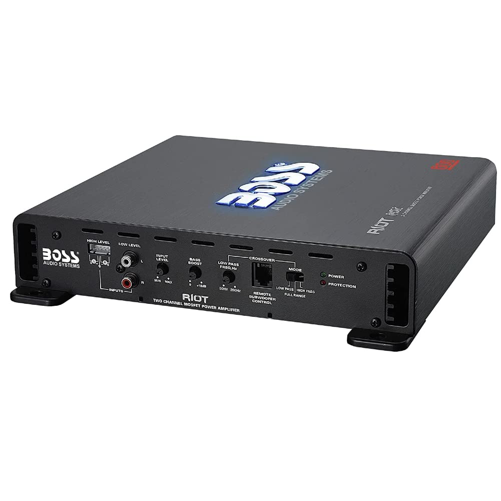 KIT SET POUR BOSS AUDIO SYSTEMS RIOT R4002 Amplificateur 2 canaux 800 watts max classe a/b avec éclairage LED Bass Boost, 1 pièce + remote incluse
