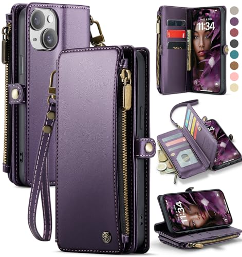 Defencase Compatible with iPhone 14 Plus Case Wallet with RFID Blocking Card Holder for Women Men Soft PU Leather Magnetic Snap Flip Zipper Strap Wallet Phone Case Fit for iPhone 14 Plus 6.7 Purple