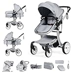 COSTWAY 2 in 1 Kinderwagen faltbar, Kombikinderwagen mit verstellbarer Rückenlehne & Verdeck, Reisebuggy tragbar mit Sonnenschutz, Wickeltasche für Baby bis 3 Jahren, 25 kg Belastbar (Grau)