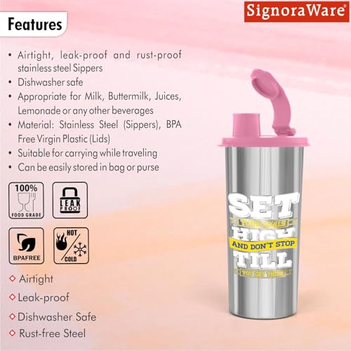 Image of SignoraWare Jumbo Stylish Stainless Steel Sipper | Airtight & Leakproof Lid | Easy to Clean & Carry | Ideal for Kids, Office, Gym, Travel, School & Outdoor Use (500ml | Pink)