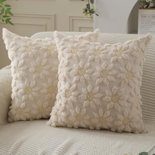 Image of DFXSZ Spring Summer Pillow Covers 16x16 inch Set of 2 Beige Sunflower | Farmhouse Decor Soft Plush Faux Fur Jacquard Throw Pillow Covers|For Spring Holiday Sofa Home Decor