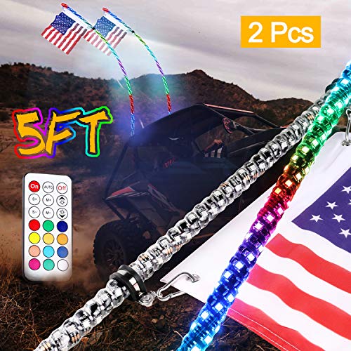 LED Whip Lights, Wayup 2Pack 5FT Lighted Whips with Flag Remote Control 360°