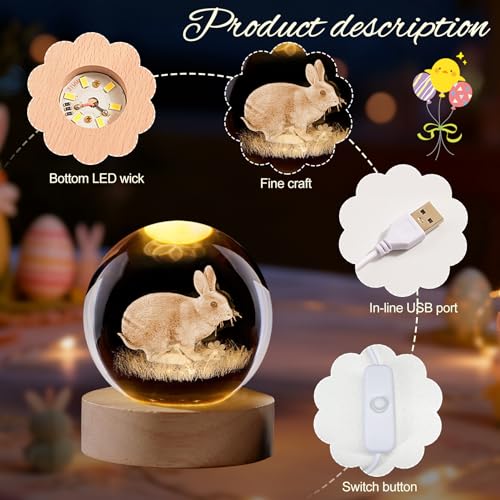 Osterdeko 3D Kristallkugel Nachtlicht, 60mm Schneekugel Oster Deko Hase mit Holzsockel, USB Lasergeätzte Kugel Lampe, Osterhase Glaskugel für Frühlingdeko Zuhause Geschenk(Hase x 6 cm)