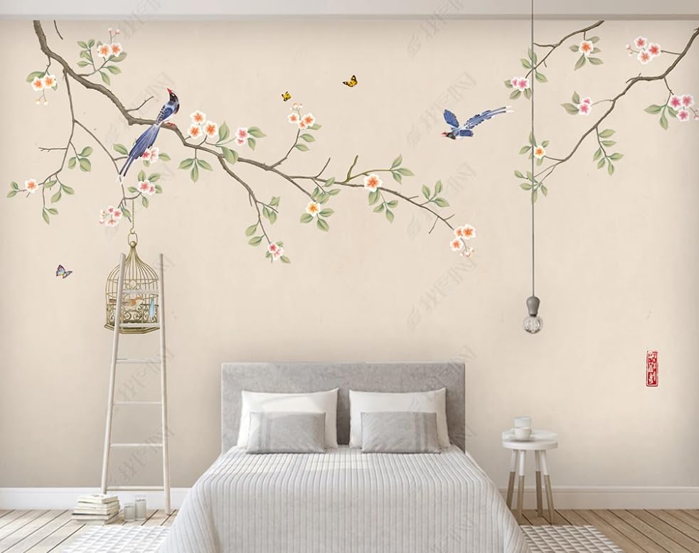 Papier peint intissé fleurs oiseaux grand format pour masquer les murs