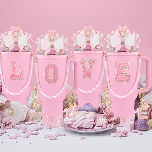 Hpebl 9PCS Pink for Stanley Cup Accessories Set Bling Initials Bow Charms for Stanley Decorations 30/40 Oz Tumbler Accessories Including Bow Straw Topper, Handle Strap, Spill Stopper（Letter L） - image 7