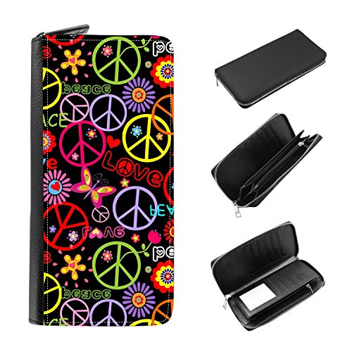 Women's Zip Around Wallet and Phone Clutch - RFID Blocking with Card Holder Organizer - Hippie Pattern of Peace Sign Symbol